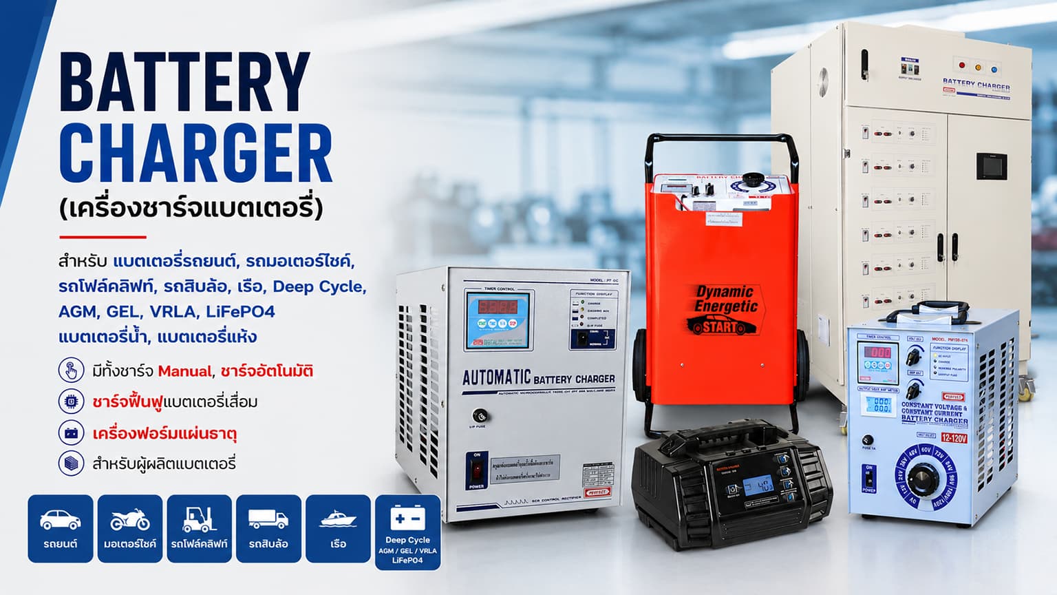 เครื่องชาร์จแบตเตอรี่รถยนต์ มอเตอร์ไซค์ และแบตเตอรี่ LiFePO4 Deep Cycle Perfect Thai Electric